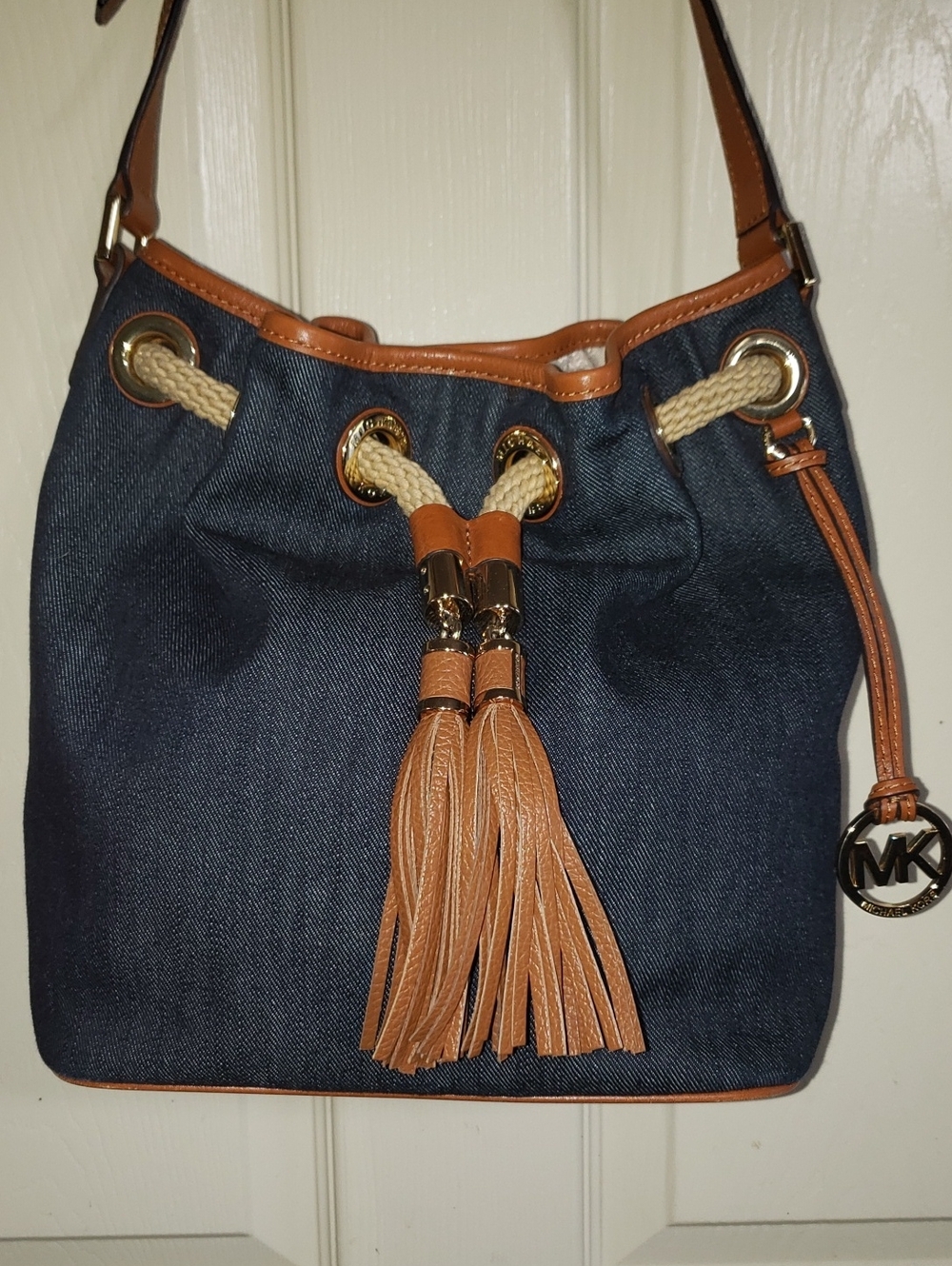 MK Leather denim bucket drawstring Michael Kors MK bag